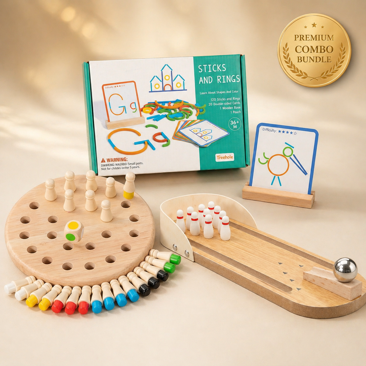 Educational toys and materials including a wooden board game, colorful sticks, and a book on a beige background.