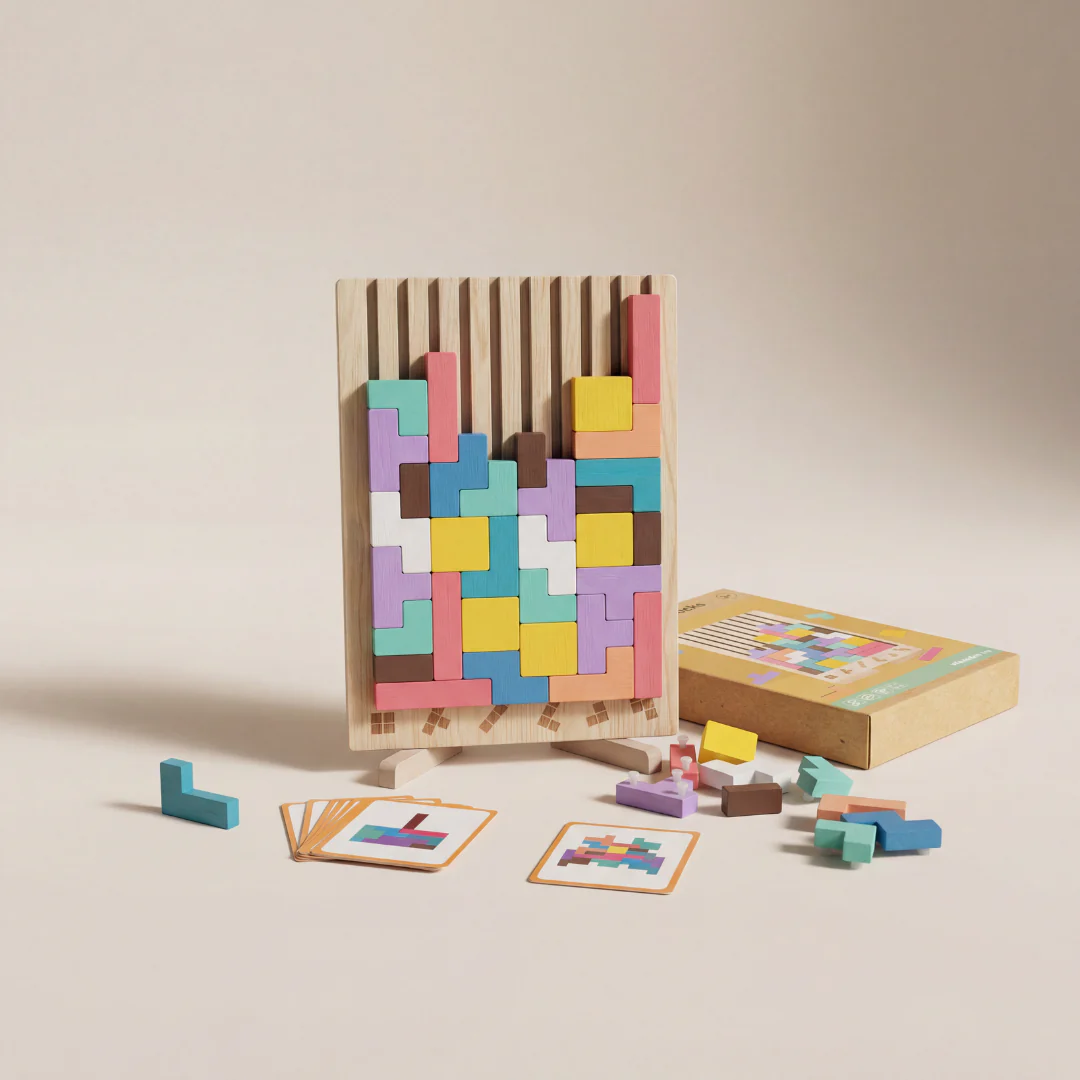 Colourful wooden Tetris puzzle toy with geometric blocks and challenge cards for kids